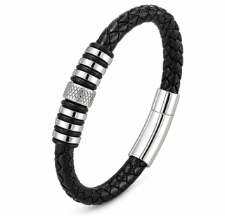 Lattice Bar Stainless Steel Black Braided Leather Bracelet