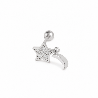 Silver CZ Star & Moon Dangle Cartilage Stud