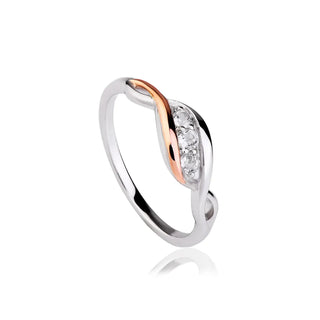 A Past Present Future ring featuring white topaz stones, sterling silver, and 9ct rose gold.