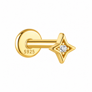Gold Plated Sterling Silver CZ Four-Point Star Labret Cartilage Stud