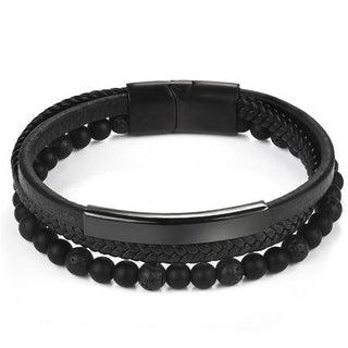 Black 3 Row Leather & Onyx Bracelet