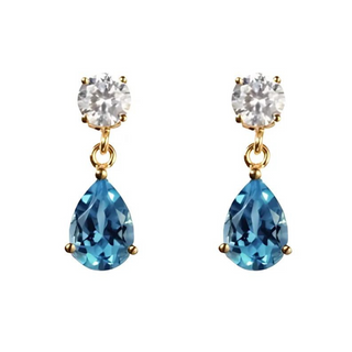 9ct Yellow Gold Blue Topaz & CZ Drop Earrings