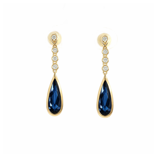 9ct Yellow Gold Pear Blue Topaz & Diamond Drop Earrings