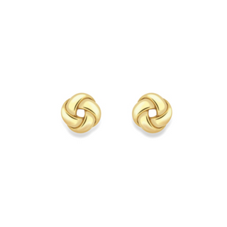 A pair of small gold stud earrings with a twisted knot design, shown on a plain white background.