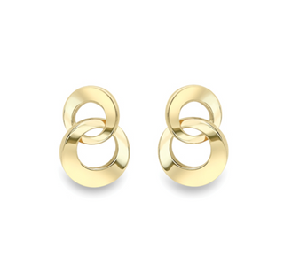 A pair of gold-toned stud earrings with a stacked, overlapping circular design, shown on a plain white background.
