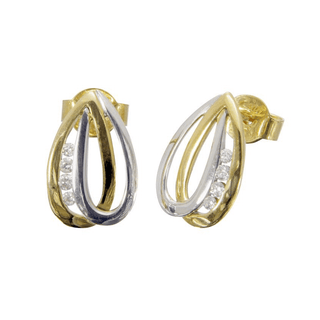 A pair of 9ct gold diamond stud earrings with a white and yellow gold design and three brilliant-cut diamonds.