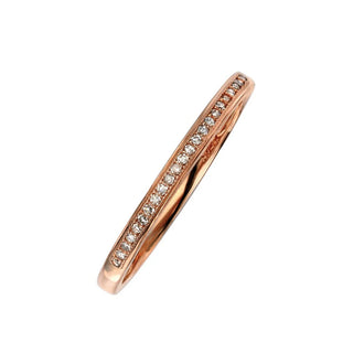 Rose gold ring with embedded diamonds on a white background