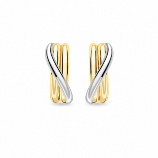 A pair of gold and silver twisted hoop earrings on a plain white background.