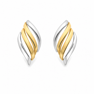 A pair of three-stripe twisted post earrings in silver and yellow gold, shown on a clean white background.