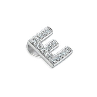 Silver letter 'E' charm with embedded crystals on a white background