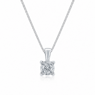 A 9ct white gold solitaire necklace with a round-cut diamond pendant, displayed on a clean white background.