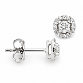 A pair of round cushion-cut diamond stud earrings in white gold or platinum, featuring a halo setting with a central round-cut diamond. One earring is shown from the front, and the other is turned sideways to display the post and butterfly back.