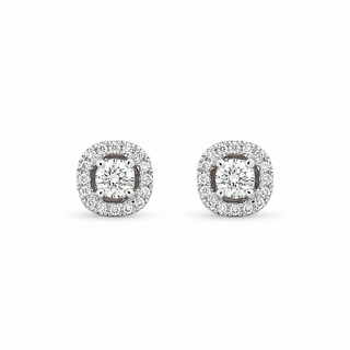 A pair of square-shaped halo stud earrings featuring round-cut center stones surrounded by a border of smaller stones, set in a silver-toned metal on a plain white background.