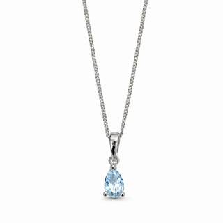 Necklace with a teardrop-shaped blue gemstone pendant on a white background