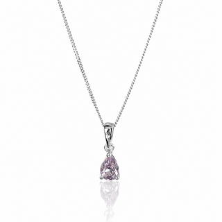 Silver necklace with a pink teardrop pendant on a white background