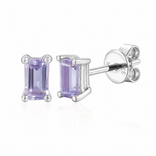 Silver earrings with purple gemstones on a white background