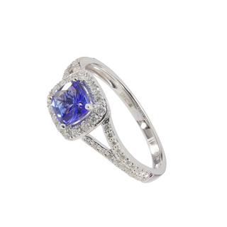 9ct White Gold 0.63ct Cushion Cut Tanzanite & Diamond Halo Ring