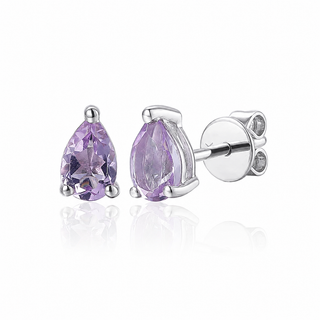 Silver earrings with purple teardrop-shaped gemstones on a white background