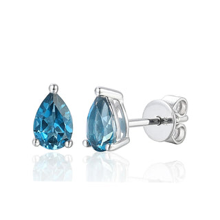 Pair of blue teardrop stud earrings on a white background