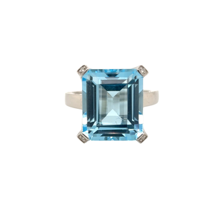Ring with a large blue gemstone on a white background