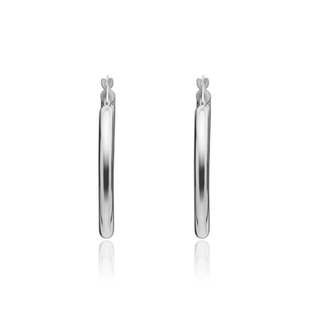 A pair of polished silver hoop earrings with butterfly backings, shown on a clean white background with a soft reflection below.