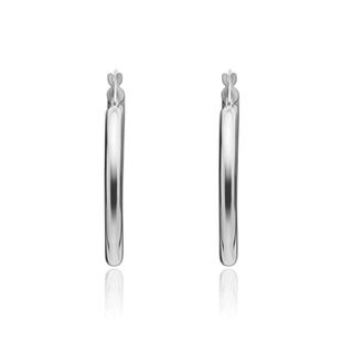 A pair of polished silver hoop earrings with butterfly backings, shown on a clean white background with a subtle reflection below.