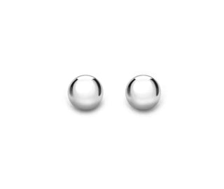 A pair of polished silver sphere stud earrings on a clean white background.
