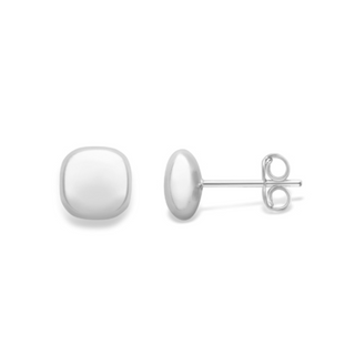 A pair of 9ct white gold large cushion stud earrings with a brushed satin finish, displayed against a white background.