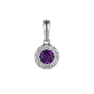 Silver pendant with a purple gemstone on a white background