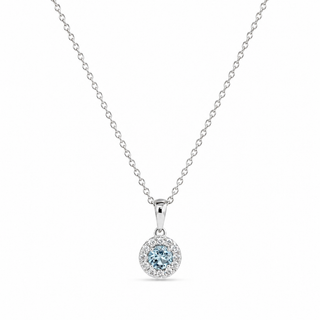 White Gold necklace with a round pendant featuring a blue gemstone on a white background