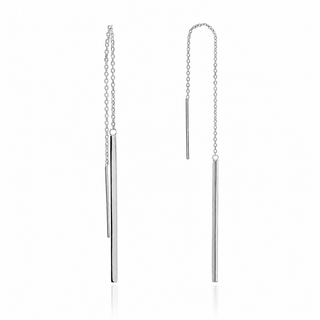 A pair of silver dangle earrings with slim cylindrical bar charms and delicate chain links, displayed on a clean white background with subtle reflections.
