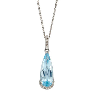Teardrop-shaped blue gemstone necklace with white gold chain on a white background