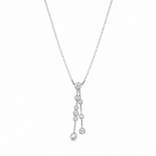 A white gold dangle necklace with a box chain and a pendant featuring five clear round-cut gemstones, shown against a plain white background.