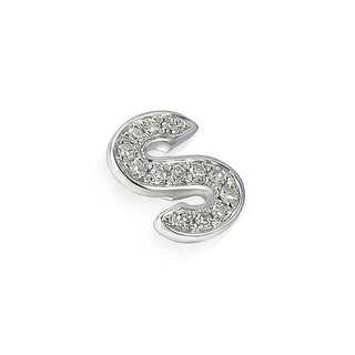 White gold letter 'S' charm with embedded diamonds on a white background