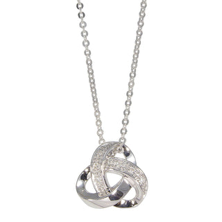 A silver chain necklace with an interlocking knot pendant, featuring one loop set with small clear stones, on a plain white background.