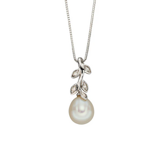 9ct White Gold Diamond Leaf Pearl Pendant