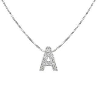 White gold necklace with 'A' pendant on a light gray background