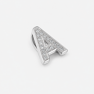 White Gold letter 'A' charm with embedded diamonds on a light gray background