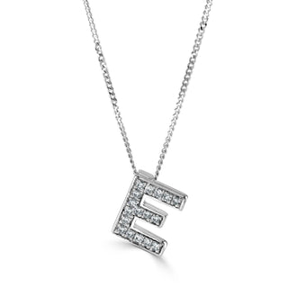 White Gold necklace with a letter 'E' pendant on a white background