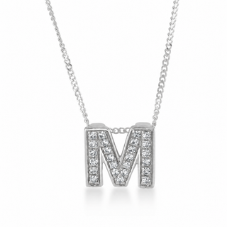 White Gold necklace with 'M' pendant on a white background