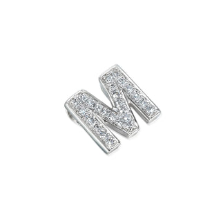 Silver letter 'M' charm with clear stones on a white background