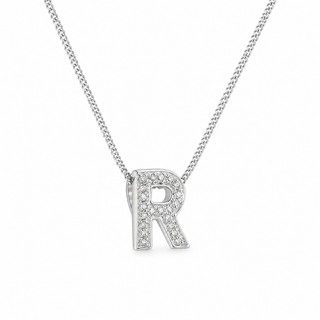 Silver necklace with a 'R' pendant on a white background