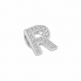 Silver letter 'R' charm with embedded stones on a white background