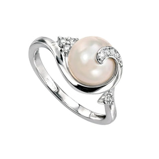 Silver ring with a pearl and small diamonds on a white background