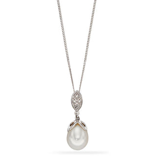 Pearl pendant necklace with a silver chain on a white background