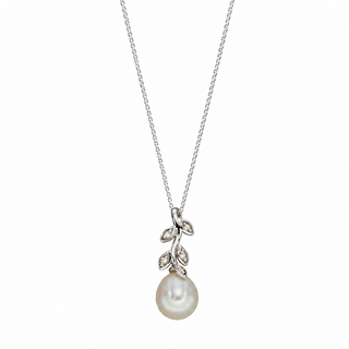 Pearl necklace with silver leaves on a white background
