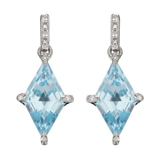 A pair of 9ct white gold kite-shaped blue topaz drop earrings, encrusted with diamonds.