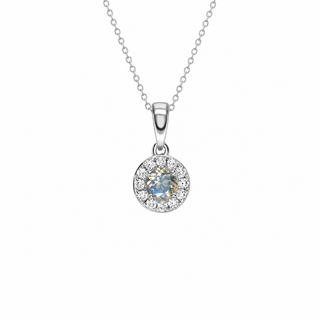 Silver necklace with a round pendant featuring a moonstone gemstone on a white background