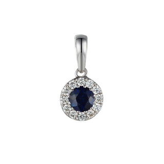 Silver pendant with a blue gemstone and clear stones on a white background