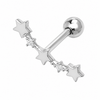 A silver-toned barbell stud piercing earring decorated with three star-shaped charms and small clear crystal accents, shown on a plain white background.